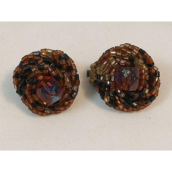 Vintage Faux Amber Crystal Bead Cluster Clip On Earrings 40-60's Classic JAPAN - Picture 4 of 8